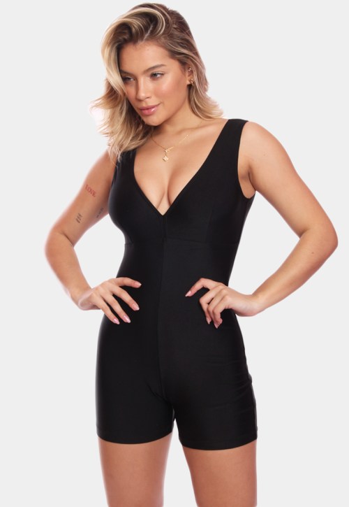 Maiô Hidroginástica Natação Macaquinho Decote + Touca Brinde