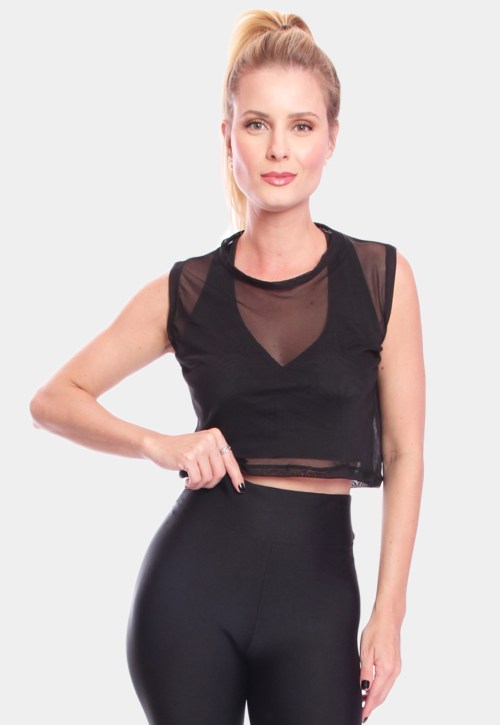 Cropped De Tule Transparente Sem Manga Regata Feminina